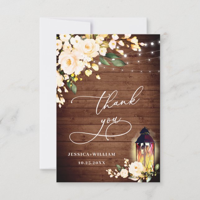 Elegant Blush Roses Rustic Wood Lantern Thank You Card (Front)