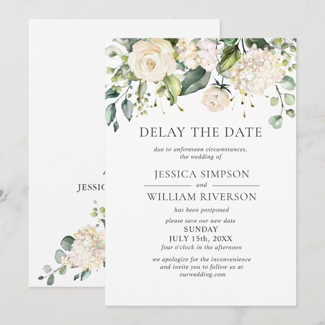Elegant Blush Roses Wedding Date Postponement Invitation (Front/Back)