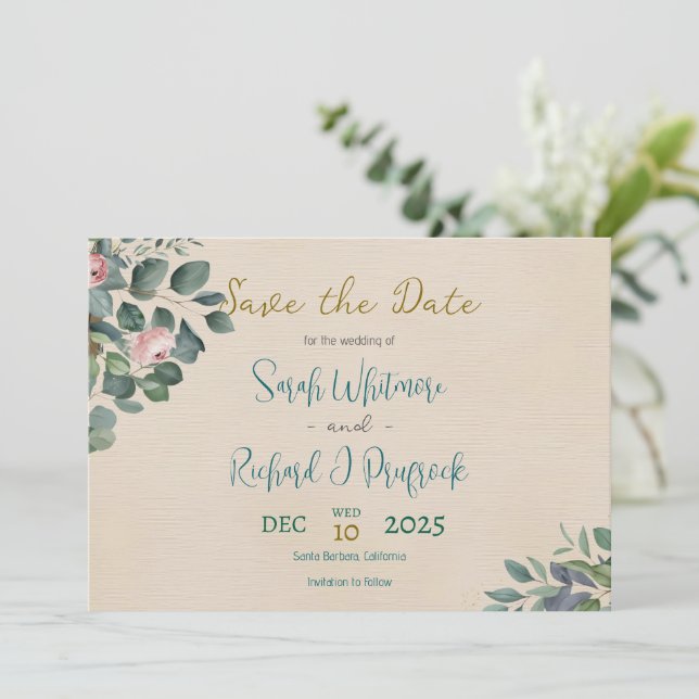 Elegant Blush & Sage Floral Wedding Save The Date (Standing Front)