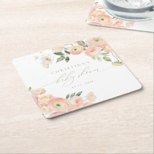 Elegant Blush & Sage Green Baby Shower Square Paper Coaster