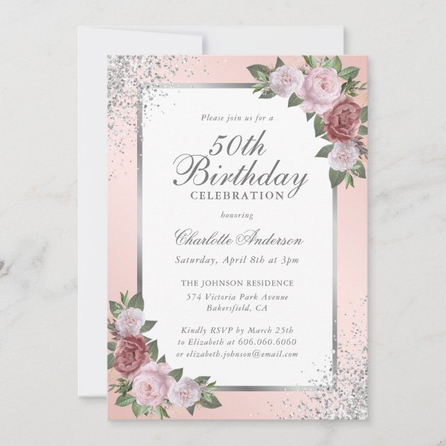 Elegant Blush Silver Confetti Floral 50th Birthday Invitation (Front)