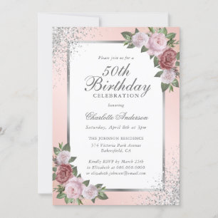 Elegant Blush Silver Confetti Floral 50th Birthday Invitation