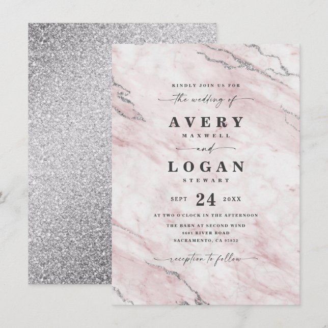 Elegant Blush & Silver Marble & Glitter Wedding Invitation (Front/Back)