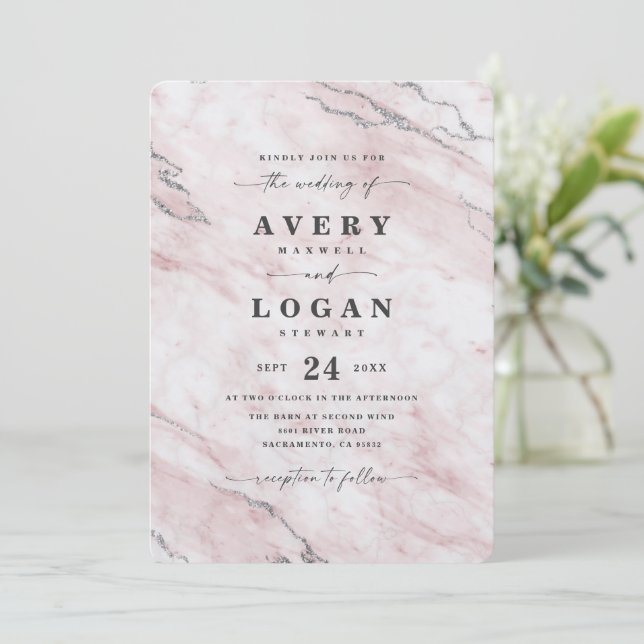 Elegant Blush & Silver Metallic Marble Wedding Invitation (Standing Front)