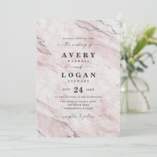 Elegant Blush & Silver Metallic Marble Wedding Invitation