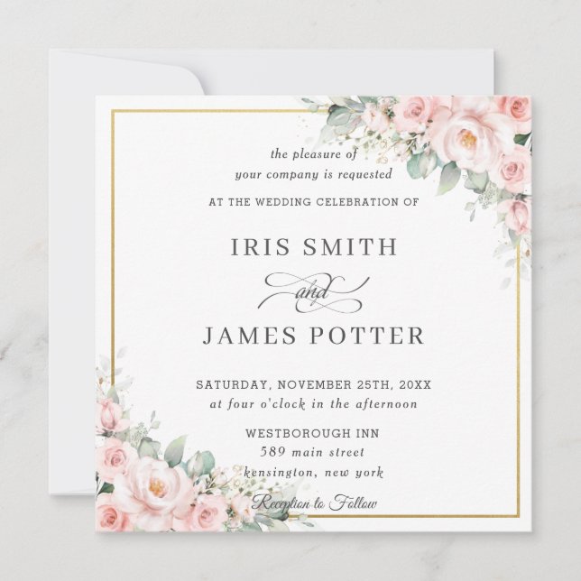 Elegant Blush Soft Pink Floral Gold Wedding Square Invitation (Front)