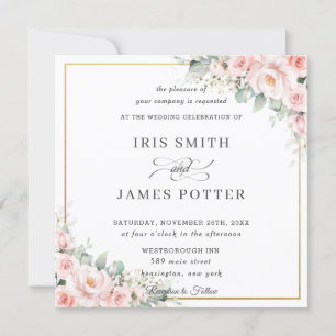 Elegant Blush Soft Pink Floral Gold Wedding Square Invitation