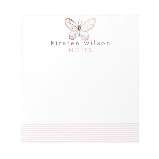 Elegant Blush Stripes & Butterfly - Personalised Notepad (Front)