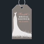 Elegant Blush Warm Grey Wedding Gown Bridal Shower Gift Tags<br><div class="desc">Elegant bridal shower favour tags feature a wedding gown,  white,  blush pink,  and warm pewter grey colour scheme,  and custom text that can be personalised with the bride's name and event date. A chic butterfly pattern dresses up the back side of the card.</div>