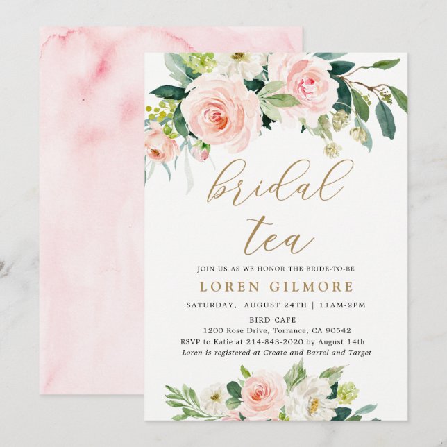 Elegant Blush Watercolor Bridal Tea Party Invitation (Front/Back)