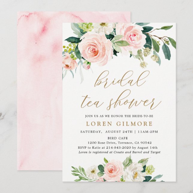 Elegant Blush Watercolor Bridal Tea Shower Invitation (Front/Back)