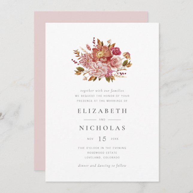Elegant Blush Watercolor Floral Bouquet Wedding In Invitation (Front/Back)