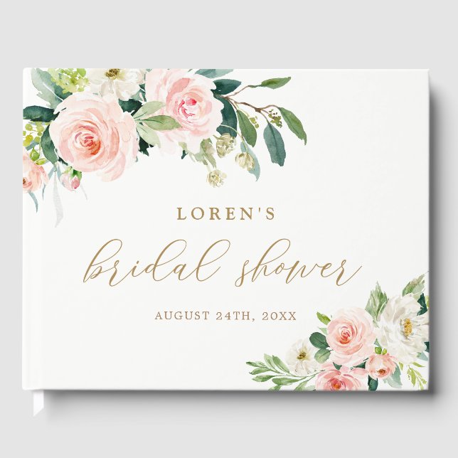 Elegant Blush Watercolor Floral Bridal Shower Guest Book (Front)