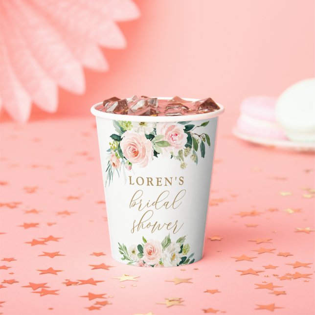 Elegant Blush Watercolor Floral Bridal Shower Paper Cups (Insitu)