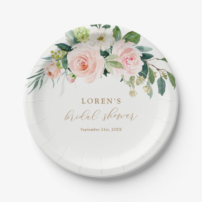 Elegant Blush Watercolor Floral Bridal Shower Paper Plate (Front)