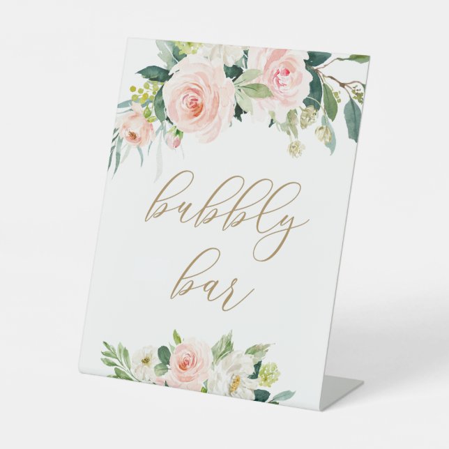 Elegant Blush Watercolor Floral Bubbly Bar Sign (Front)