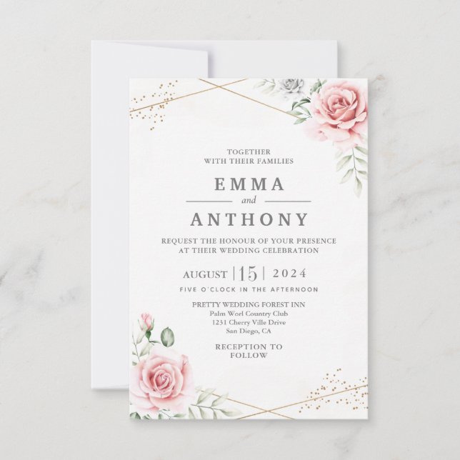 Elegant Blush Watercolor Floral Wedding Invitation (Front)