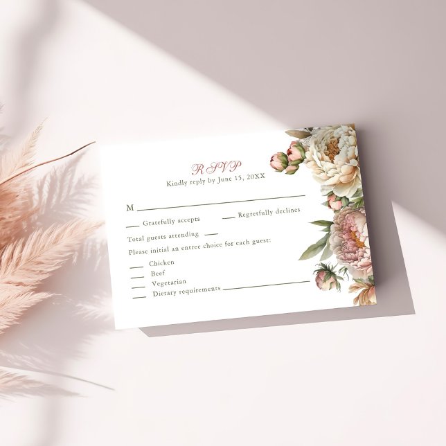 Elegant Blush Watercolor Peonies RSVP Card (Elegant Blush Watercolor Peonies RSVP Card on a sunny table.)