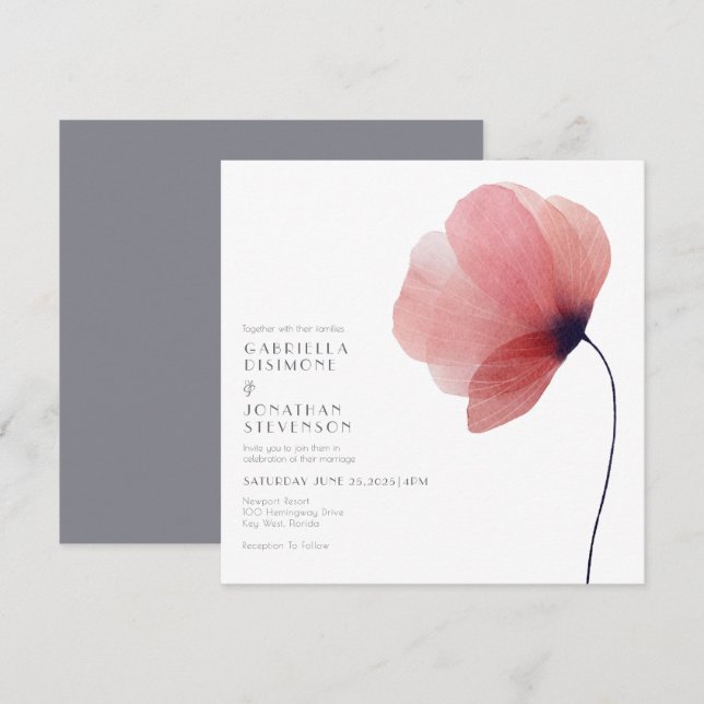 Elegant  Blush Watercolor Poppy Grey Wedding Invitation (Front/Back)