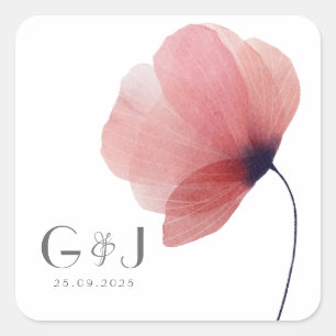 Elegant Blush Watercolor Poppy Monogram Square Sti Sticker