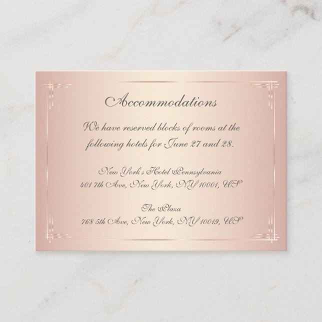 Elegant Blush Wedding Accommodation Cards (Front)