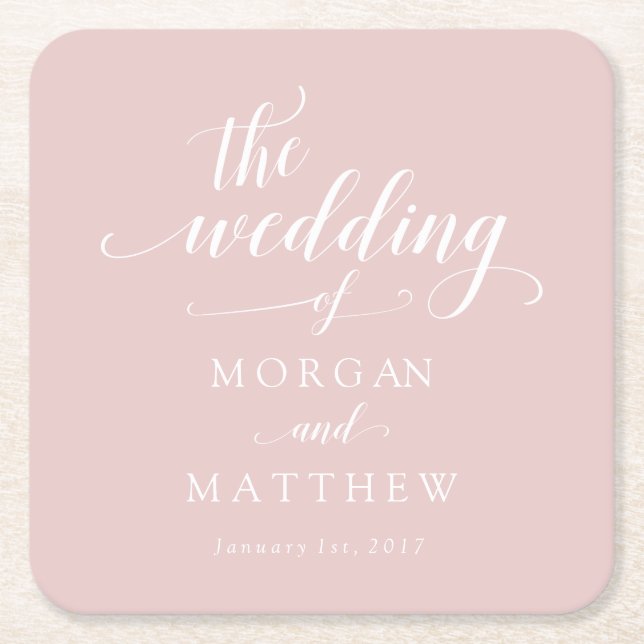 Elegant Blush & White Calligraphy Wedding Square Paper Coaster (Front)
