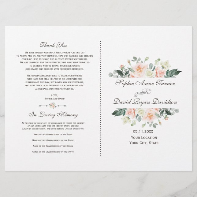 Elegant Blush White Cream Floral Wedding Program (Front)