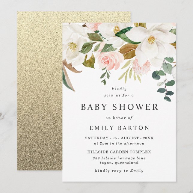 Elegant Blush & White Floral Baby Shower Invitation (Front/Back)