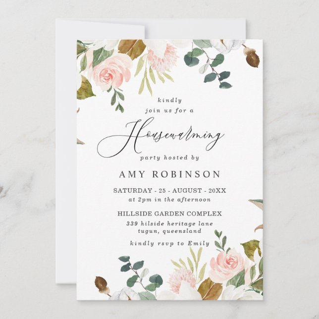Elegant Blush & White Floral Housewarming Party Invitation (Front)