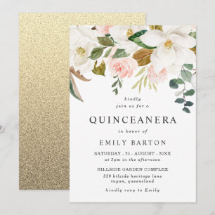 Elegant Blush White Floral Quinceanera 15th Party Invitation