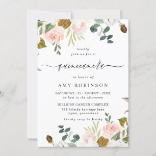 Elegant Blush & White Floral Spring Quinceanera Invitation
