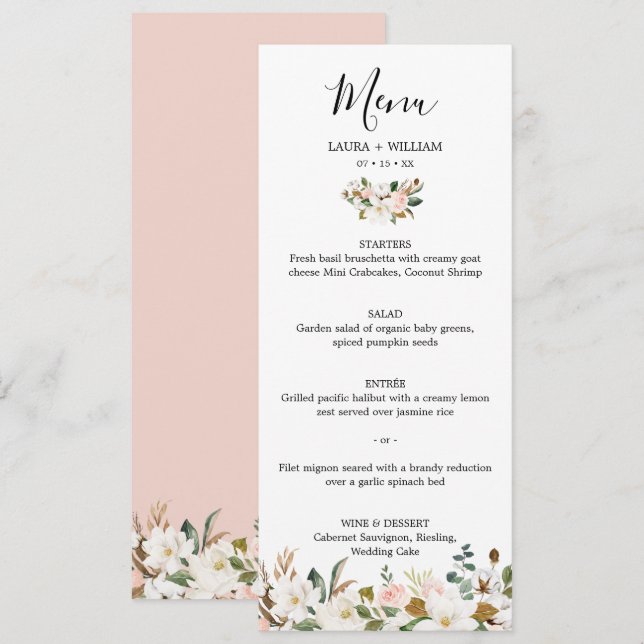 Elegant Blush White Magnolia Floral Wedding Menu (Front/Back)