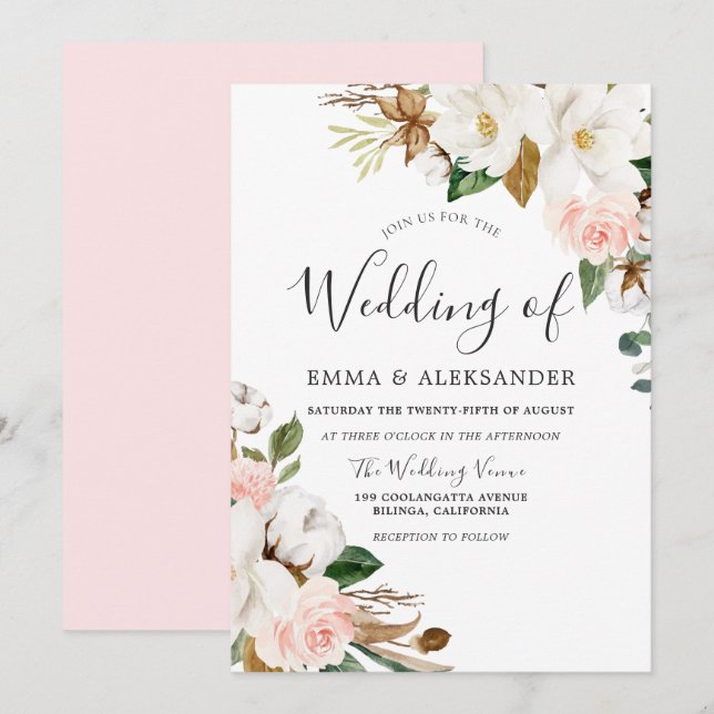 Elegant Blush & White Watercolor Flowers Wedding Invitation (Front/Back)