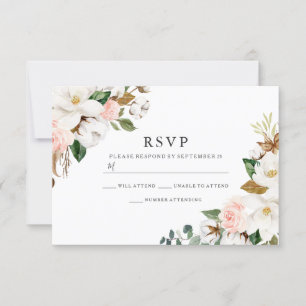 Elegant Blush & White Watercolor Flowers Wedding RSVP Card