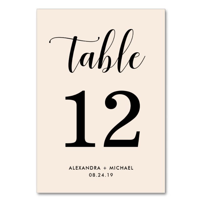 Elegant Blush with Black Typography Table Number (Front)