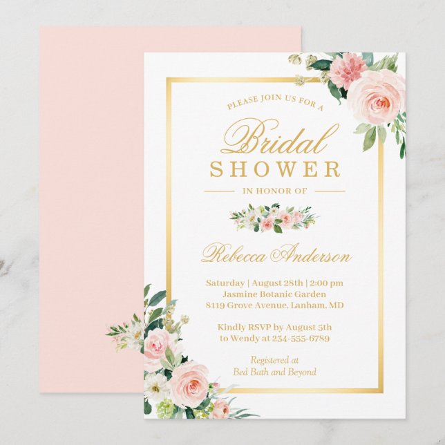 Elegant Blushing Pink Floral Gold Bridal Shower Invitation (Front/Back)