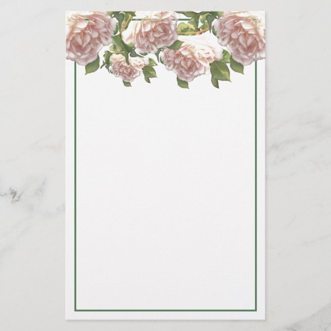 Elegant blushing pink white florals roses stationery (Front)