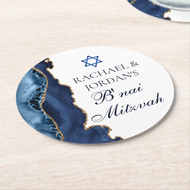 Elegant B'nai Mitzvah Navy Blue Gold Agate Party Round Paper Coaster (Angled)