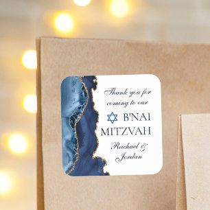 Elegant B'nai Mitzvah Navy Blue Gold Agate Party Square Sticker