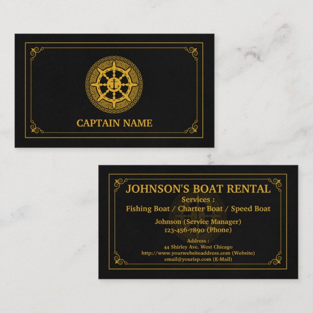 Elegant Boat Rental Black Gold (Personalise) Business Card (Front/Back)