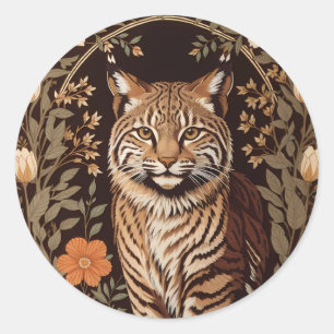 Elegant Bobcat on Brown Floral Background Classic Round Sticker