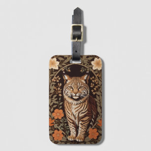 Elegant Bobcat on Brown Floral Background Luggage Tag
