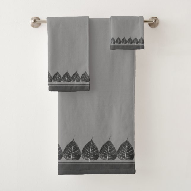 Elegant Bodhi Leaves on Grey Shades Bath Towel Set (Insitu)