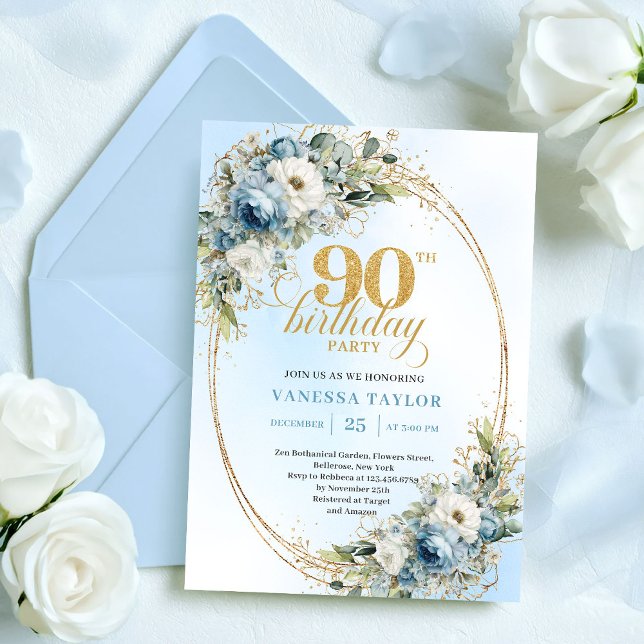 Elegant Bohemian Blue White Floral Gold 90th Bday Invitation (Elegant Bohemian Blue White Floral Gold 90th Birthday)