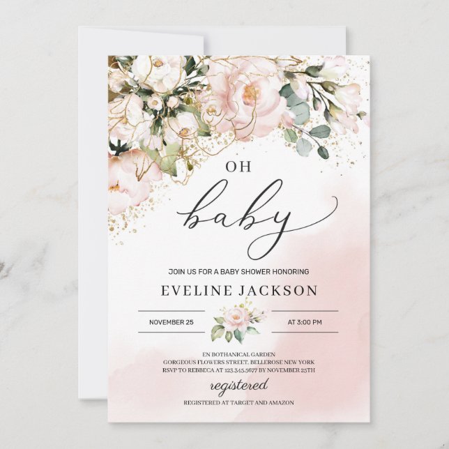 Elegant bohemian blush pink floral oh baby shower invitation (Front)