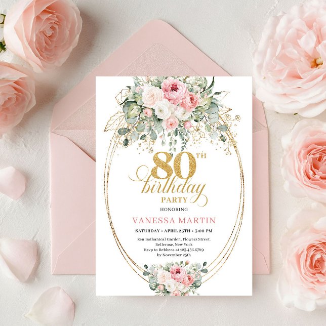 Elegant Bohemian Blush Roses 80th Birthday Invite (Elegant Bohemian Blush Roses 80th Birthday Invite)