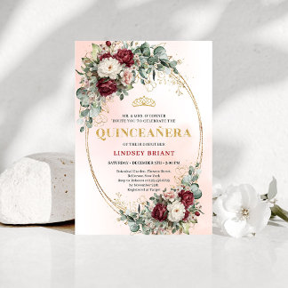 Elegant Bohemian Burgundy Floral Gold Quinceañera Invitation