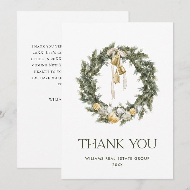 Elegant Bohemian Christmas Pine Wreath Company Thank You Card (Front/Back)