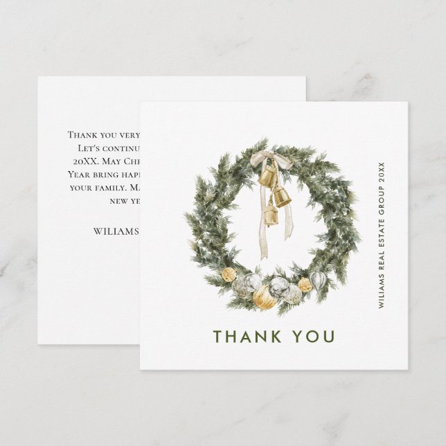 Elegant Bohemian Christmas Pine Wreath Company Thank You Card (Front/Back)