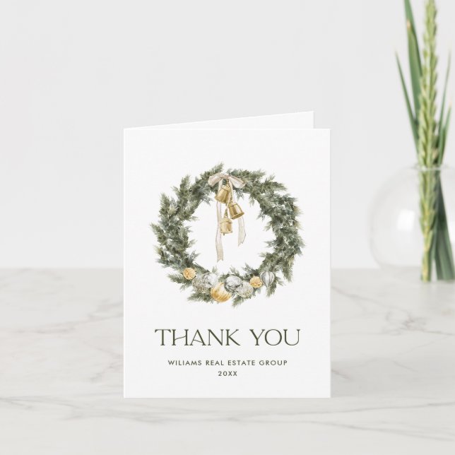 Elegant Bohemian Christmas Pine Wreath Company Thank You Card (Front)